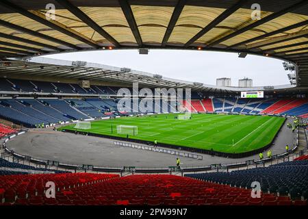 Glasgow, Regno Unito. 29th Apr, 2023. Hampden Park prima di un grande fine settimana di calcio come entrambe le semifinali si svolgono nel National Stadium. Il credito dell'immagine dovrebbe essere: Neil Hanna/Sportimage Credit: Sportimage Ltd/Alamy Live News Foto Stock