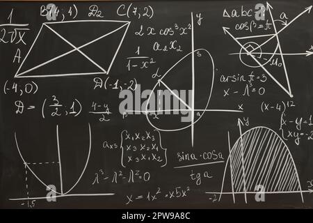 Diverse formule matematiche scritte con il gesso sulla lavagna Foto Stock