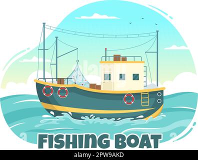 Illustrazione della barca di pesca con i pescatori Caccia il pesce usando la nave per la bandiera di fotoricettore o la pagina di atterraggio in modelli del vettore disegnati a mano del cartoon piano Illustrazione Vettoriale