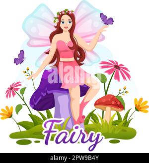 Bella Flying Fairy Illustration con Elf, Landscape Tree e Green Grass in Cartoon piano disegnato a mano per banner Web o modelli di landing page Illustrazione Vettoriale