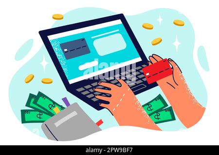 Mani di persone che fanno acquisti online tramite laptop inserendo i dettagli della carta di credito per effettuare il pagamento Illustrazione Vettoriale