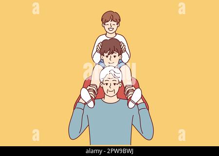 Uomini di diverse generazioni posano per foto di famiglia in piedi dietro il loro padre e sorridendo Illustrazione Vettoriale