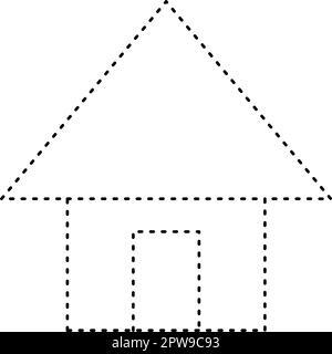 Tracciando la forma delle linee tratteggiate della casa per i bambini della scuola materna e dell'asilo l'elemento del foglio di lavoro per la pratica di disegno Illustrazione Vettoriale