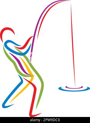 Uomo colorato tirando canna da pesca illustrazione con stile silhouette Illustrazione Vettoriale