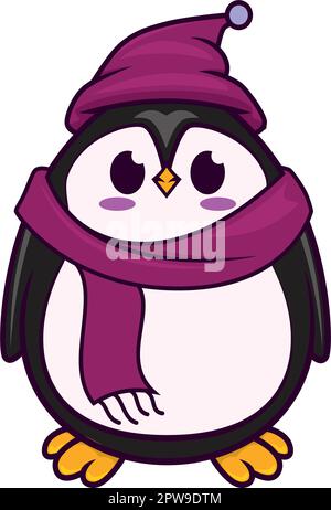 Pinguino carino e dolce con cappello e sciarpa caldi in stile cartoon Illustrazione Vettoriale