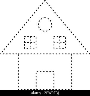 Tracciando la forma delle linee tratteggiate della casa per i bambini della scuola materna e dell'asilo l'elemento del foglio di lavoro per la pratica di disegno Illustrazione Vettoriale