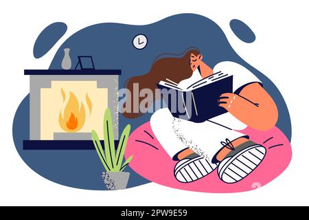 La donna sta leggendo un libro godendo della trama interessante e seduta in poltrona vicino al caminetto Illustrazione Vettoriale