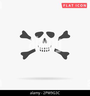 Cranio cartoon con ossa. Semplice simbolo nero piatto con ombra su sfondo bianco. Pittogramma di illustrazione vettoriale Illustrazione Vettoriale