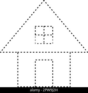 Tracciando la forma delle linee tratteggiate della casa per i bambini della scuola materna e dell'asilo l'elemento del foglio di lavoro per la pratica di disegno Illustrazione Vettoriale