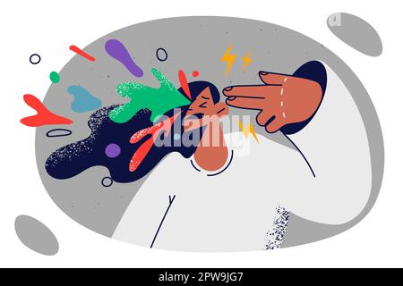 Donna infelice mette le dita al tempio facendo un gesto di pistola con la diffusione di spruzzi multicolore Illustrazione Vettoriale