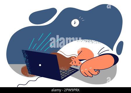 Donna stanca che dorme con la testa appoggiata sul tavolo vicino al notebook dopo un lavoro eccessivo e scadenze critiche Illustrazione Vettoriale