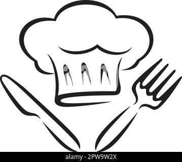 Cappello Chef semplice con simbolo di coltello e forchetta in stile silhouette Illustrazione Vettoriale