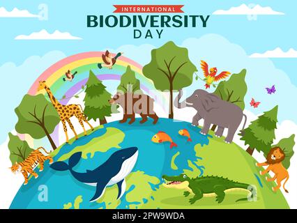 Giornata mondiale della biodiversità il 22 maggio Illustrazione con diversità biologica, Terra e animale in cartoon piano disegnata a mano per modelli di landing page Illustrazione Vettoriale