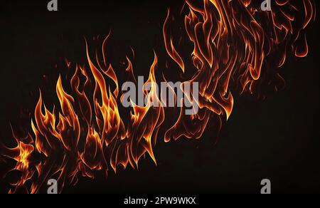 Fiamme su sfondo nero. Fiamme arancioni bollenti, in fiamme. Illustrazione della danza del fuoco Foto Stock