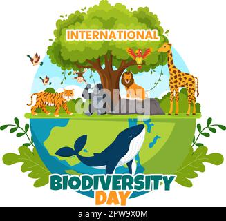 Giornata mondiale della biodiversità il 22 maggio Illustrazione con diversità biologica, Terra e animale in cartoon piano disegnata a mano per modelli di landing page Illustrazione Vettoriale