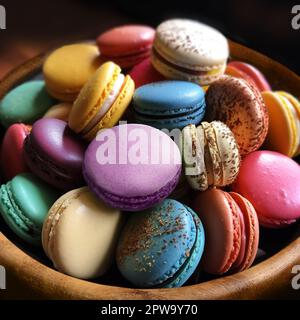 Macaroni multicolore in ciotola di legno su fondo nero. Foto Stock