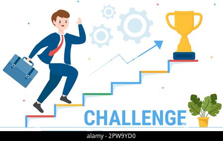Illustrazione della sfida con l'uomo d'affari che corre verso l'alto e che supera l'ostacolo per la pagina di atterraggio nei modelli disegnati a mano del cartoon piano Illustrazione Vettoriale