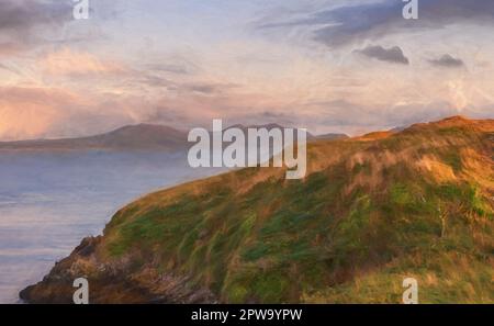 Pittura digitale di una vista della penisola di llyn da Ynys Llanddwyn su Anglesey, Galles del Nord al tramonto. Foto Stock