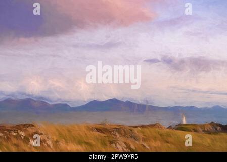 Pittura digitale del faro dell'isola di Llanddwyn, Goleudy Twr Bach a Ynys Llanddwyn su Anglesey, Galles del Nord al tramonto. Foto Stock