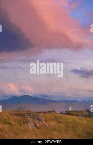 Pittura digitale del faro dell'isola di Llanddwyn, Goleudy Twr Bach a Ynys Llanddwyn su Anglesey, Galles del Nord al tramonto. Foto Stock