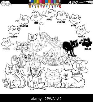 colori di base con cartoon gatti pagina da colorare Illustrazione Vettoriale