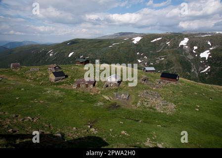 Aurlandsfjellet è attraversata da una strada di montagna a 1306 metri sul livello del mare con campi di neve anche a giugno nella Vestland norvegese. Foto Stock