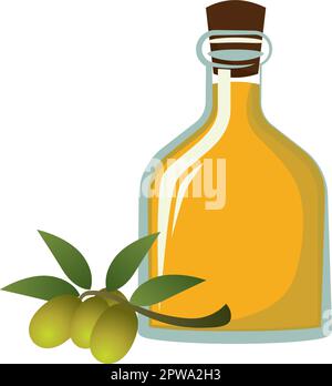 Olio di oliva dettagliato con la bottiglia e frutti di oliva Illustrazione Illustrazione Vettoriale