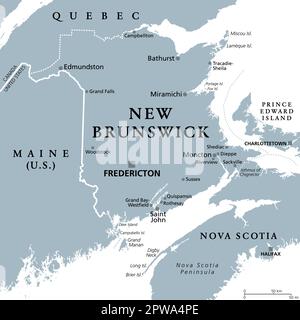 New Brunswick, provincia marittima e atlantica del Canada, mappa politica grigia Illustrazione Vettoriale