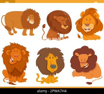 divertente cartone animato leoni animali selvatici specie personaggi set Illustrazione Vettoriale