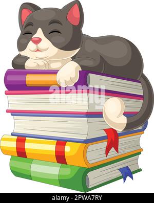 Carino gatto cartone animato che dorme su mucchio di libri Illustrazione Vettoriale