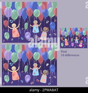 Per i bambini sotto i 6 anni, trovare 10 differenze nel puzzle bambini divertenti Illustrazione Vettoriale