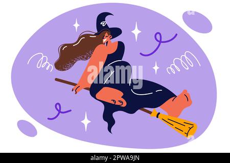 La strega felice vola sul bastone e ride come lei si muove nel cielo notturno durante Halloween Illustrazione Vettoriale