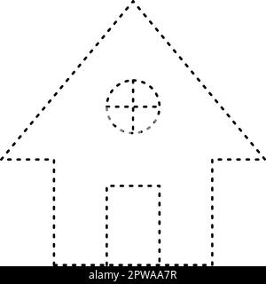 Tracciando la forma delle linee tratteggiate della casa per i bambini della scuola materna e dell'asilo l'elemento del foglio di lavoro per la pratica di disegno Illustrazione Vettoriale