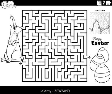 Labirinto con pagina da colorare coniglietto pasquale e uova di Pasqua Illustrazione Vettoriale