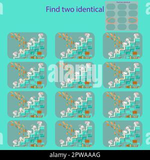 Trova 2 immagini identiche nei conigli divertenti sul puzzle erba per bambini fino a 8 anni Illustrazione Vettoriale
