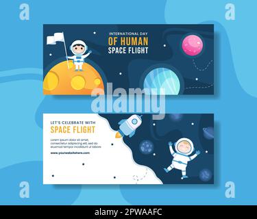 International Human Space Flight Day Banner orizzontale Cartoon modelli disegnati a mano sfondo Illustrazione Illustrazione Vettoriale