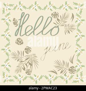 ciao giugno banner cornice quadrata di fiori bianchi su sfondo chiaro Illustrazione Vettoriale