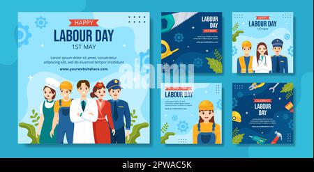 Happy Labor Day Social Media Post Flat Cartoon modelli disegnati a mano background Illustrazione Illustrazione Vettoriale