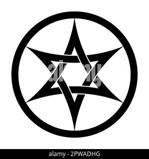 Esagramma con archi ricurvi interlacciati, stella a sei punte in una cornice circolare. Due triangoli ad arco intrecciati, basati sul Sigillo di Salomone. Foto Stock