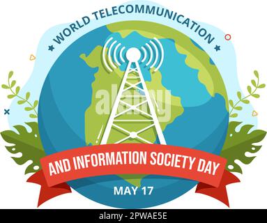 Giornata mondiale delle telecomunicazioni e della società dell'informazione il 17 maggio Illustrazione con la rete di comunicazione attraverso la Terra Globe in modelli disegnati a mano Illustrazione Vettoriale