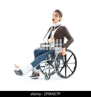 3d fumetto uomo seduto in sedia a rotelle dopo un incidente, illustrazione isolata su sfondo bianco Foto Stock