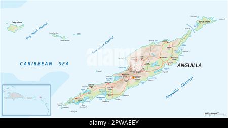 Mappa stradale dell'isola caraibica di Anguilla, Regno Unito Illustrazione Vettoriale