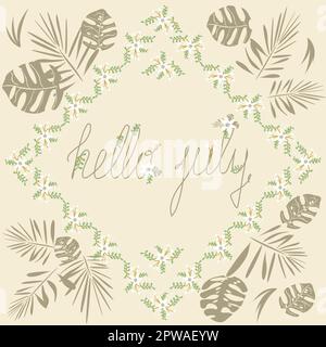 ciao luglio banner cornice quadrata di fiori bianchi su sfondo chiaro Illustrazione Vettoriale