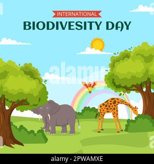Giornata mondiale della biodiversità Social Media background Illustrazione Cartoon modelli disegnati a mano Illustrazione Vettoriale