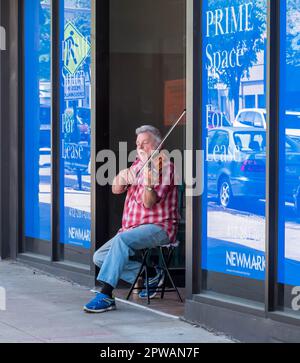 Un uomo che suona il violino in un'entrata di storefront su Forbes Avenue nel quartiere di Squirrel Hill di Pittsburgh, Pennsylvania, Stati Uniti Foto Stock