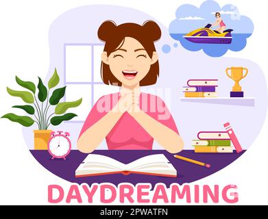 Persone Daydreaming Illustration con immagini e fantasie in Bubble per Landing Page o Poster Templates in Flat Cartoon disegnato a mano Illustrazione Vettoriale