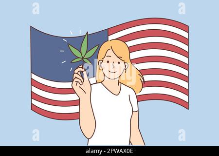 Donna sorridente con cannabis sullo sfondo della bandiera americana Illustrazione Vettoriale