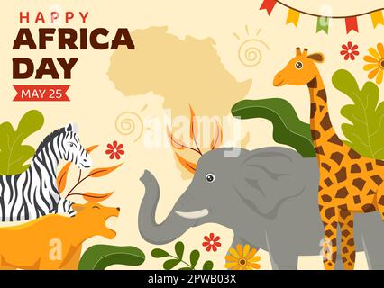 Happy Africa Day il 25 maggio Illustrazione con la cultura African Tribal Figures in Cartoon piatto disegnato a mano per banner Web o modelli di landing page Illustrazione Vettoriale