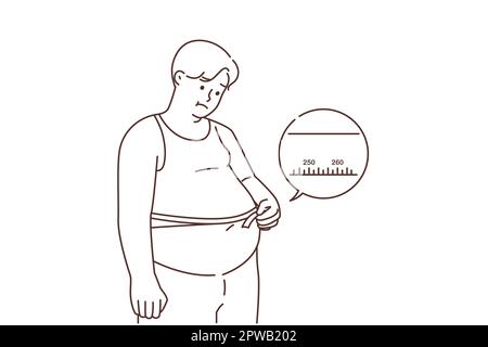 L'uomo grasso infelice misura la pancia con il nastro Illustrazione Vettoriale