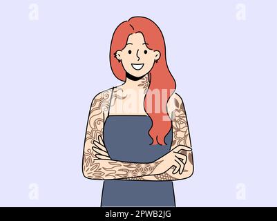 Donna sorridente arrossata con tatuaggi sulle braccia Illustrazione Vettoriale